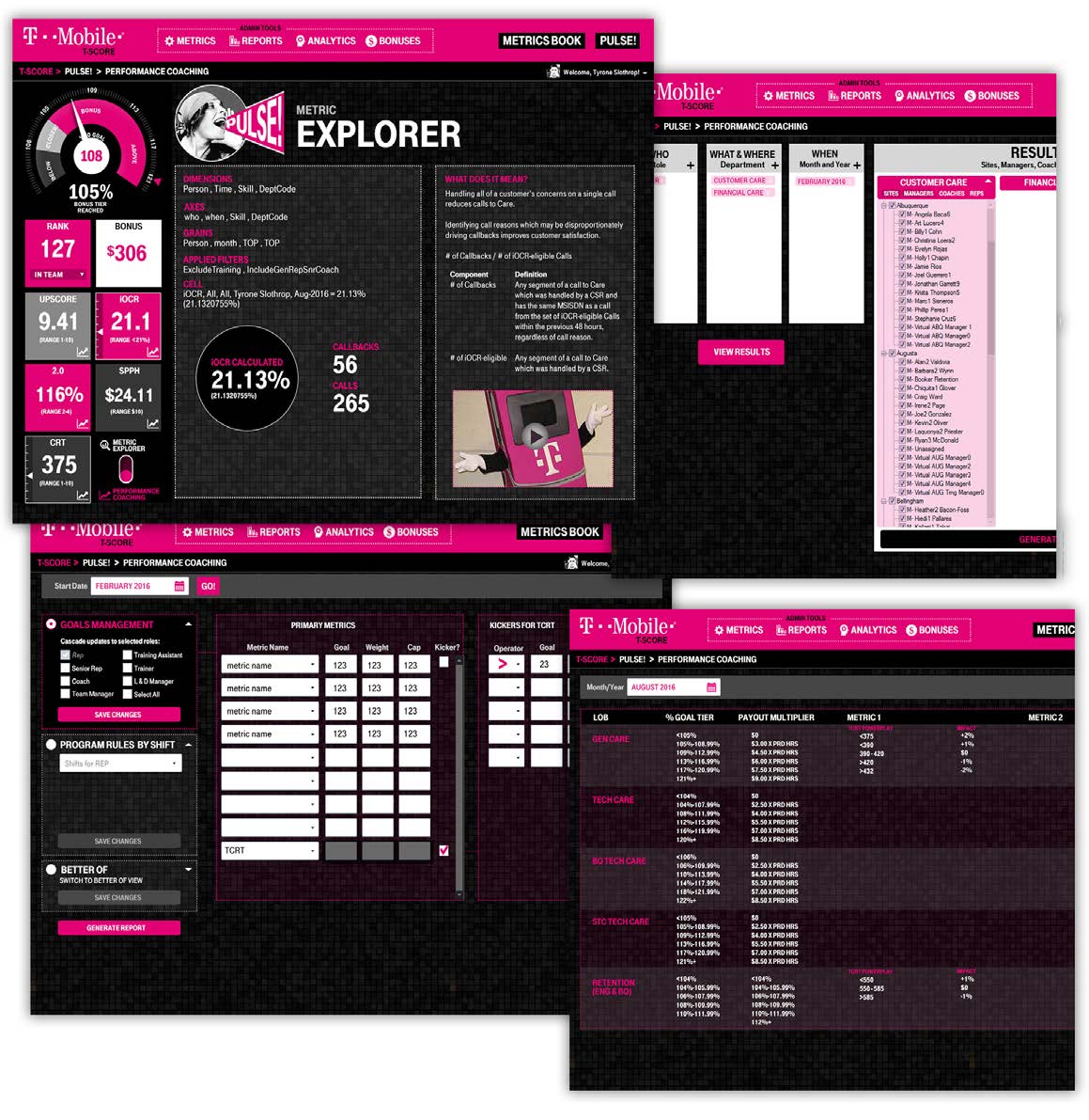 t-mobile INTERNAL SALES APPLICATION Design + Implementation 2016-2020 I was brought onboard by T-Mobile in 2016 as a Senior UX Software Engineer to work on their internal sales applications, used by thousands of management and executive level users for business intelligence. I determined with leadership the user needs on all levels of access, designing a UI that made the app serve both current and predicted forms of data. Then my team and I implemented an MVC UI using Angular. I conceptualized a scalable platform to by reused every time a new internal app was needed. Our team was the first to adopt Agile Scrum methodology, which became the template for the entire department. I assisted data analysts in maintaining and upgrading the application until we sunsetted it in 2020. (Screenshots used with permission)