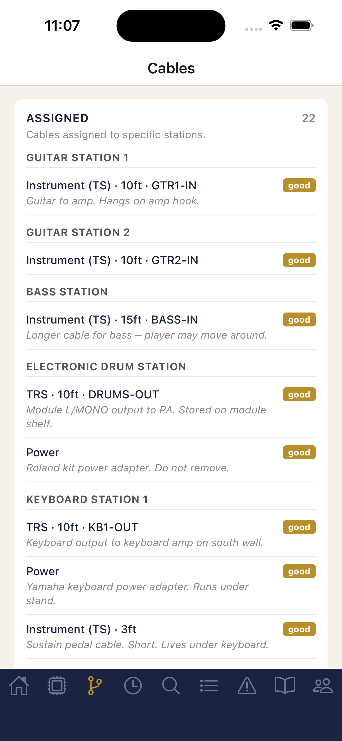 Cable inventory organized by station assignment