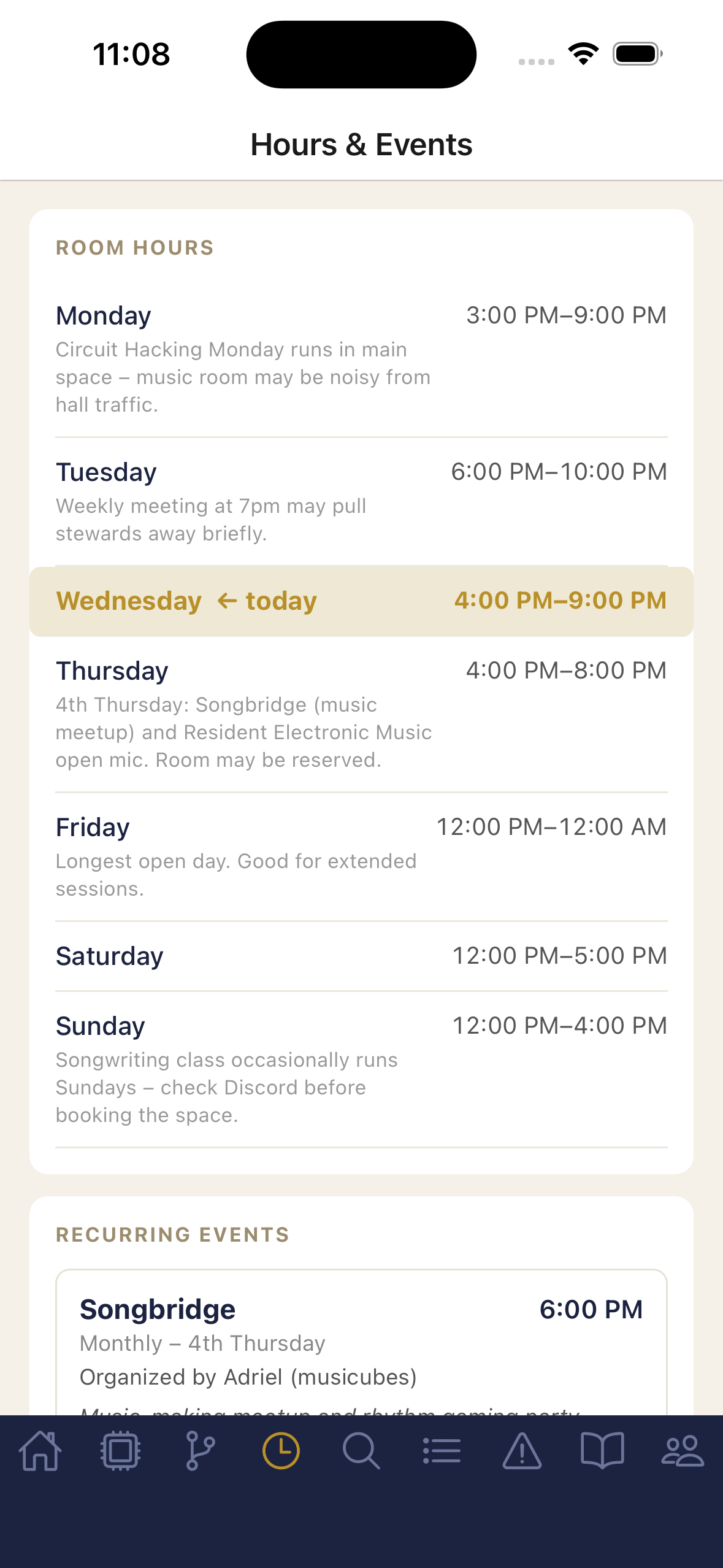 Hours and events screen with room schedule