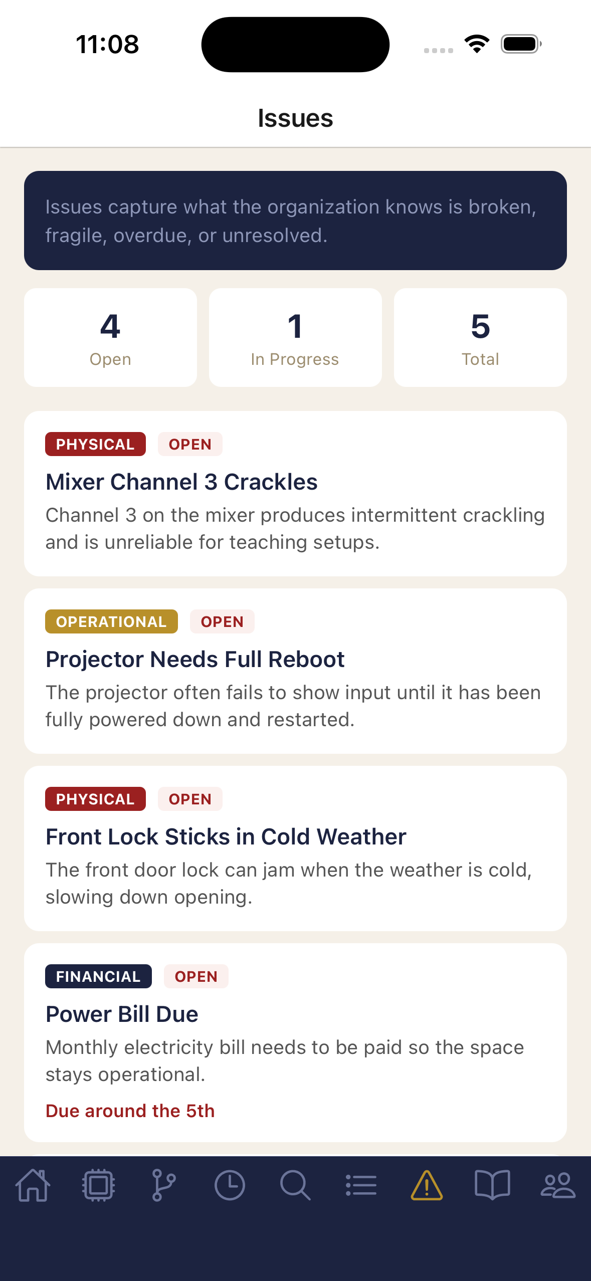 Issues screen listing open and in-progress problems
