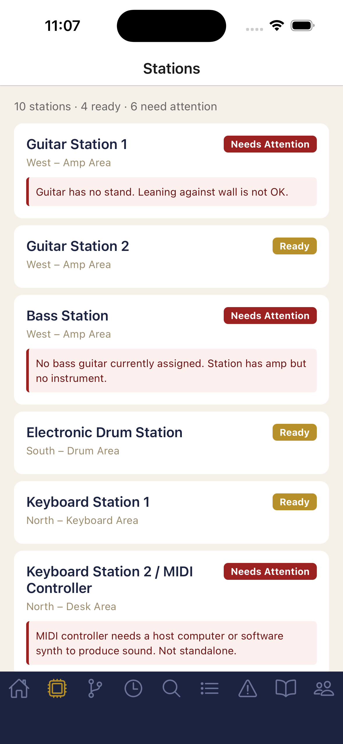 Stations list showing readiness status for each playing position